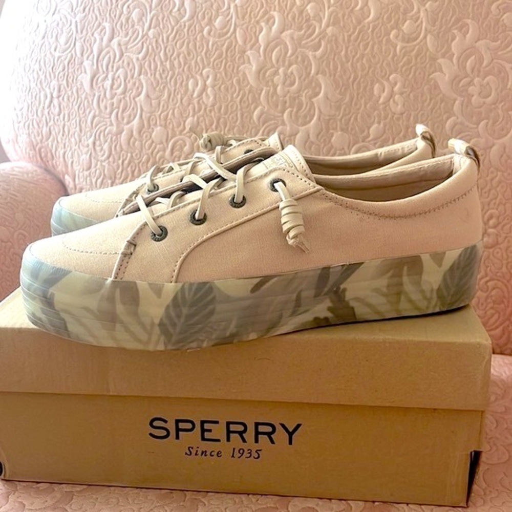 Brand New Sperry Crest Vibe Platform Sneakers Beige Green Leaf Tropical Neutral - Picture 4 of 16